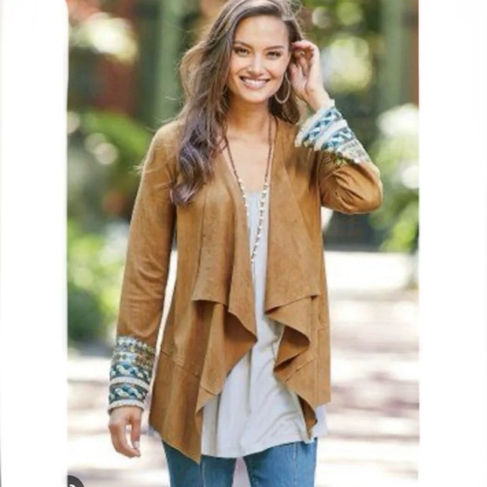 Soft Surroundings Mad About About Faux Suede Beaded Drape Cardigan Sweater - Picture 1 of 6